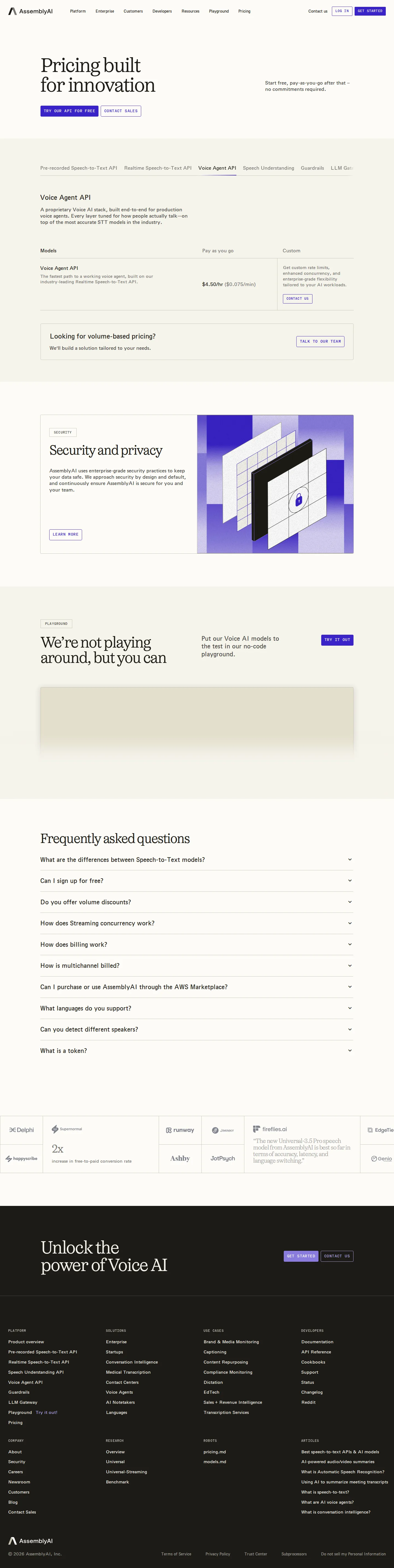 Voice Agent API launched; pricing page restructured into six product tabs screenshot 2